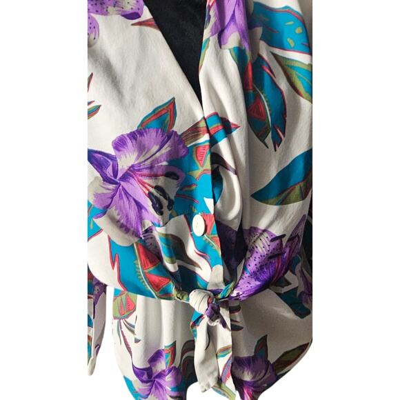 Vintage 80s Tropical Floral Blouse Tie Front Purple Teal Shoulder Pads Top M - Picture 9 of 14